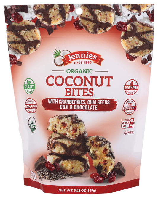 Jennies, Organic Coconut Bites With Cranberries Chia Seeds Goji And Chocolate, 5.25 Oz